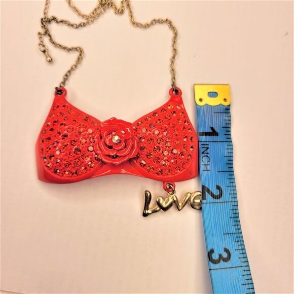 RED Bra Pendant Necklace, Rhinestones Pendant Long Necklace - Picture 8 of 9